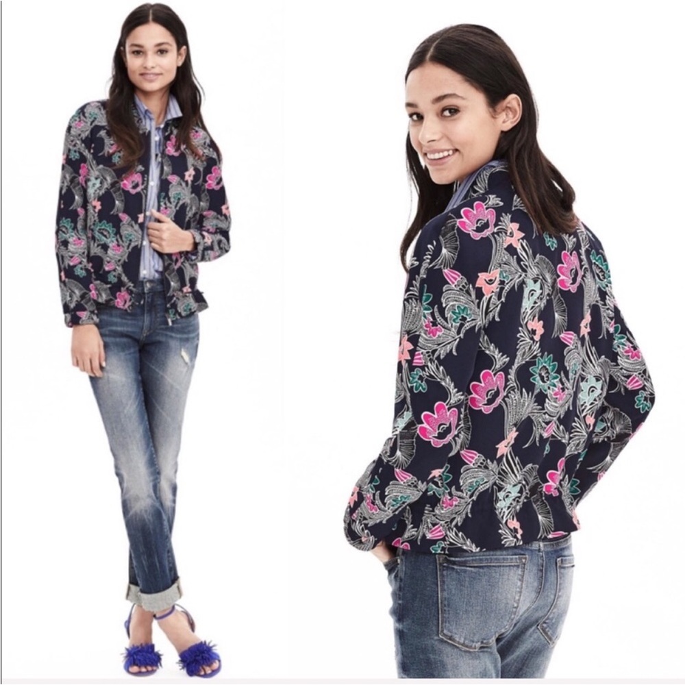 Banana Republic Floral Bird Print Drapey Bomber Jacket